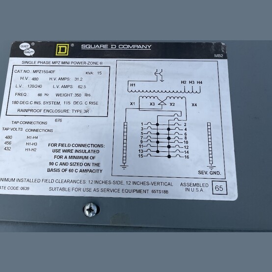 15 KVA 480 Primary, 120/240 Secondary, Square D #MPU15S40F, Substation Transformer, single phase, unused - Image 2
