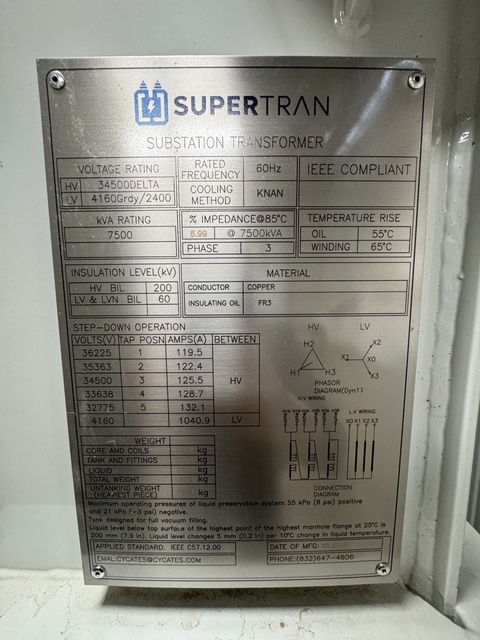 7500 KVA 34500 Delta Primary, 4160GrdY/2400 Secondary, oil substation transformer, FR3, full length air - Image 4