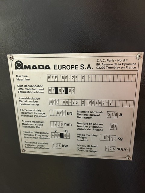 80 Ton, Amada #HFE80-25, CNC Hydraulic Press Brake, 98.4" bending length, 7.87" stroke, 19.4 HP, 3PH, 2004 - Image 4