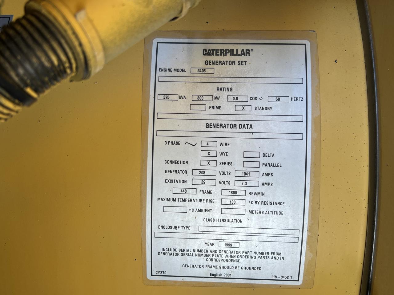 300 KW Caterpillar #SR-4B, Diesel Generator Set, 208 Volts, 1800 RPM, circuit breaker, 3PH, 616 hours, 1999 - Image 10