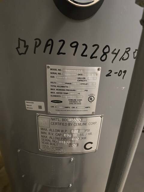 150 kW Cemline Stonesteel #V500EH150C3-RL, electric water heater, 500 gallon, 480 V., 3 phase, ASME - Image 2