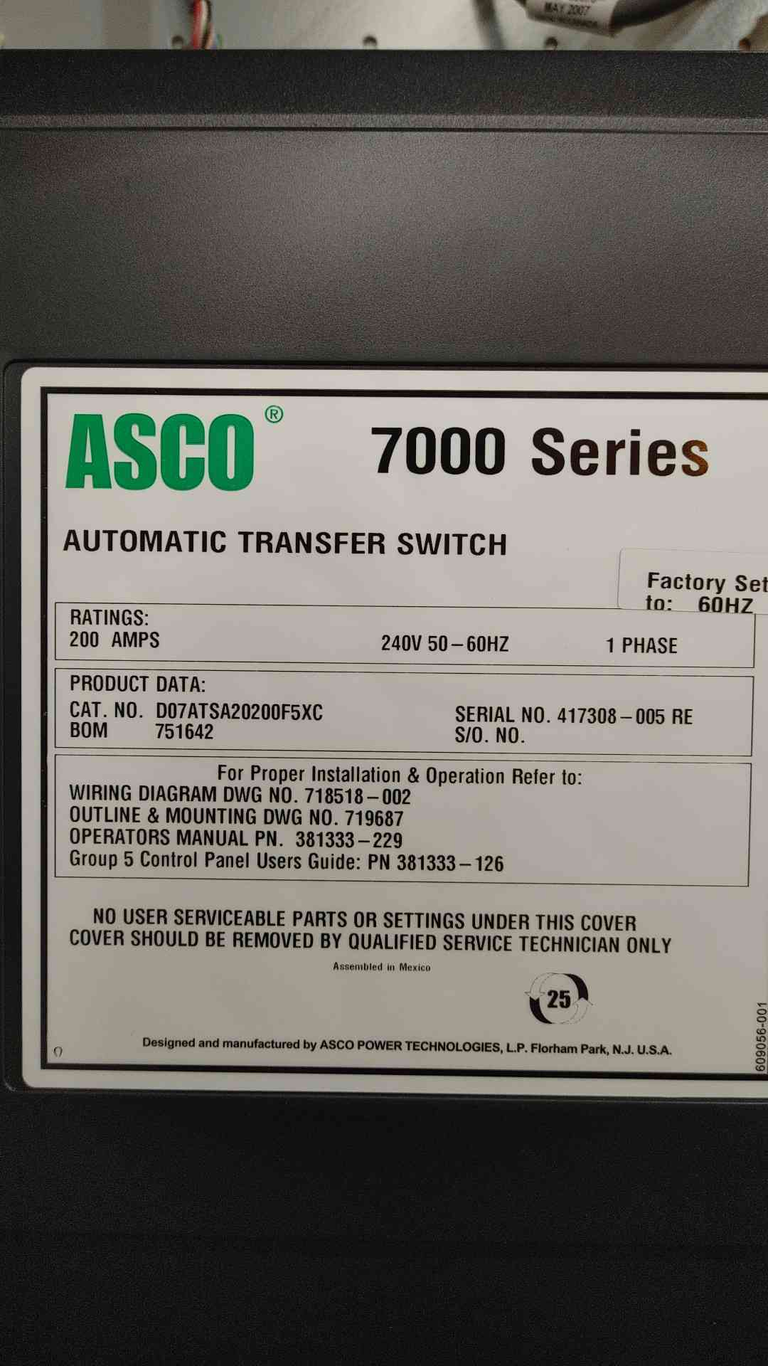 200 Amp. ASCO 7000 Series #D07ATSA20200F5XC, automatic transfer switch, 240 Volts, 1 phase, new surplus - Image 6