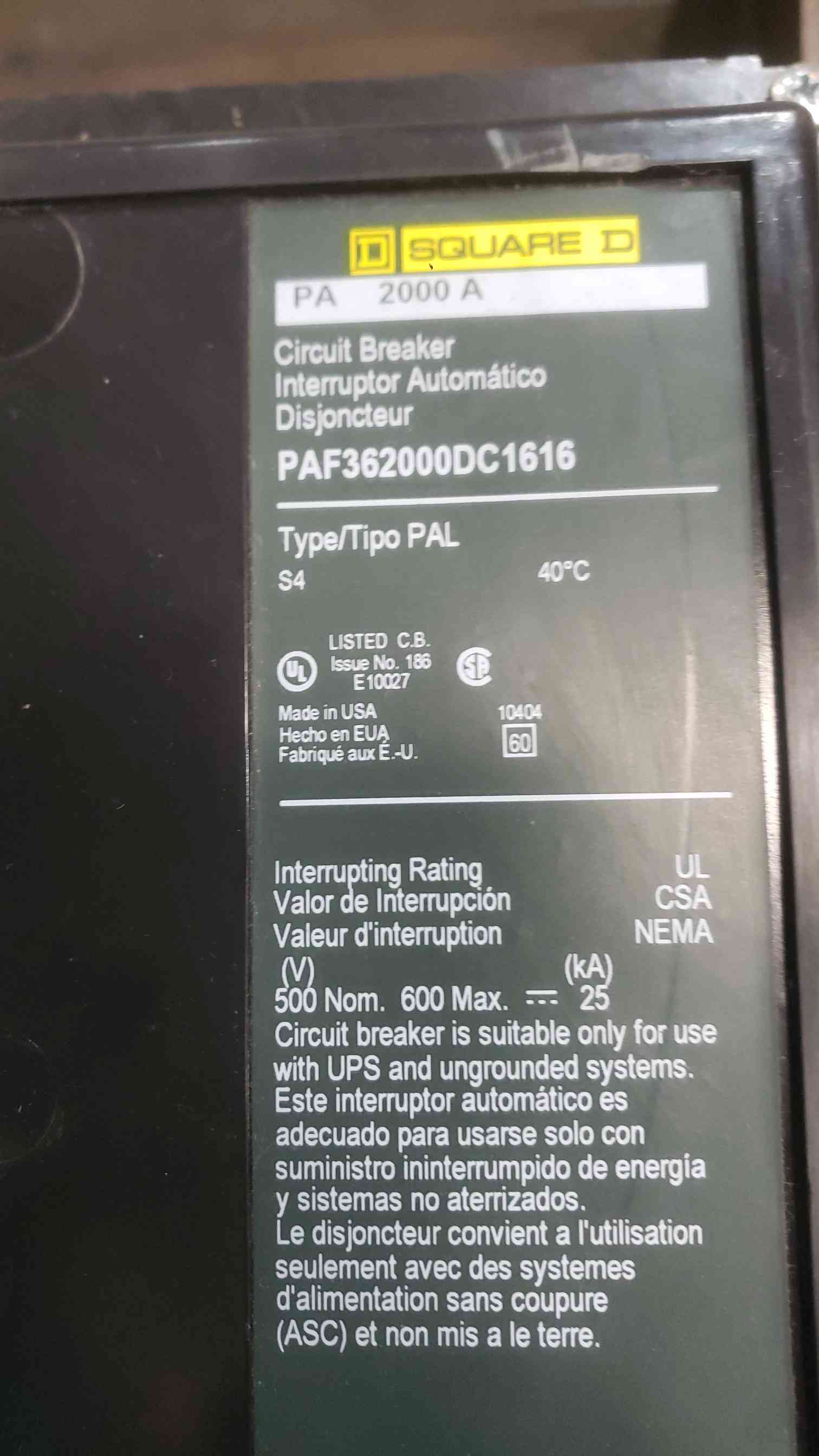 2000 Amps, Square D #PAF362000DC1616, P-frame molded case circuit breaker, 3 pole, 600 V.DC - Image 3