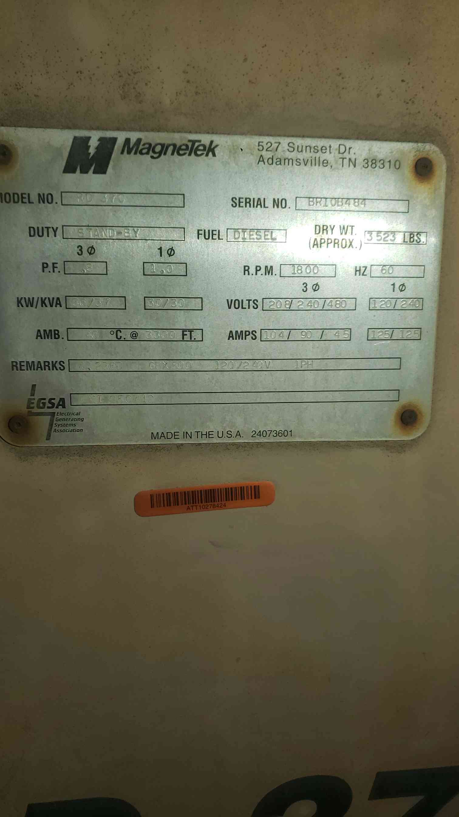30 KW Magnetek Elliott #RD-370, diesel generator, Perkins engine, 1 & 3 phase, 659 hours - Image 4
