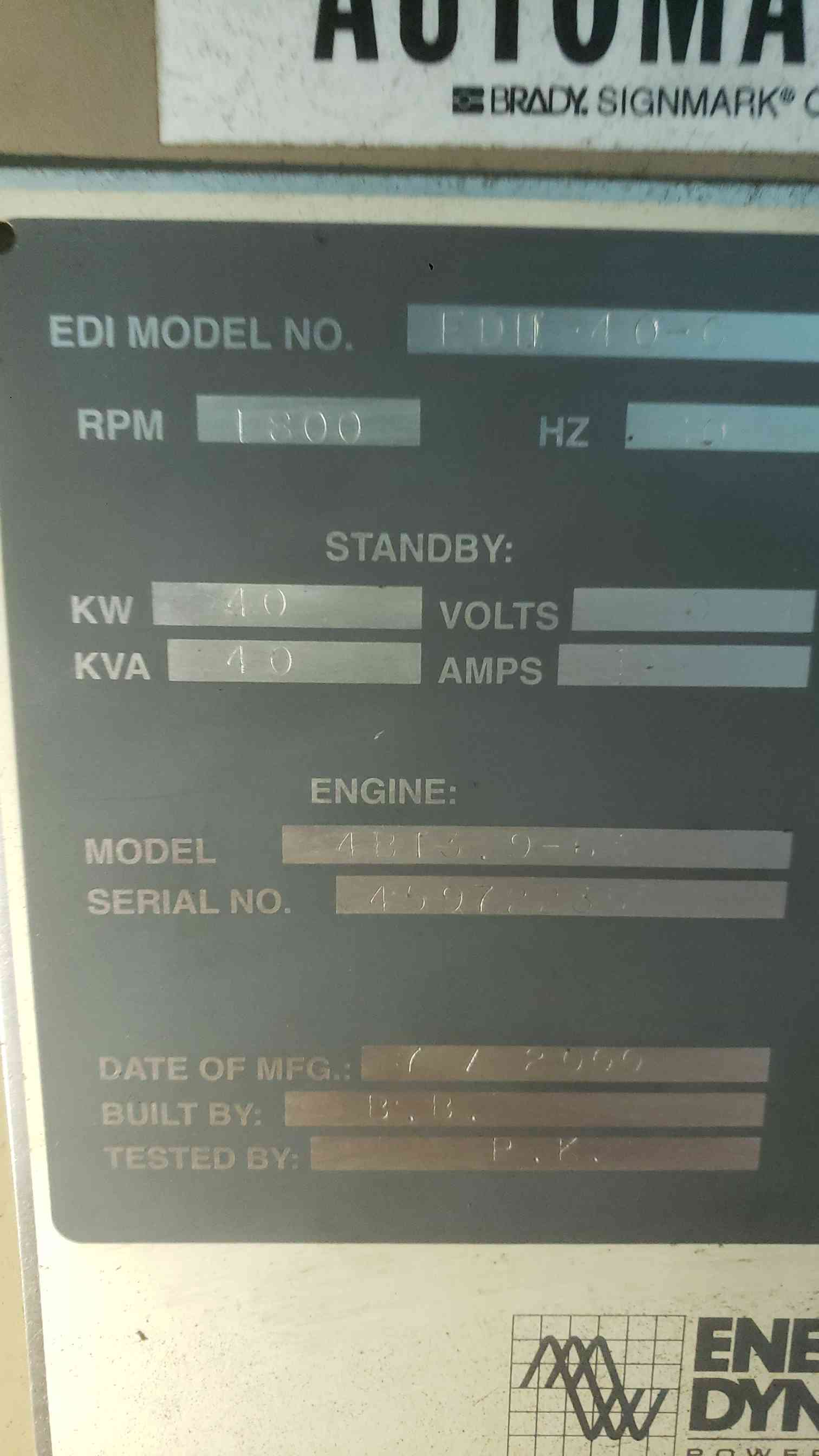 40 KW Energy Dynamics, diesel generator, Cummins #4BT-3.9 Turbo engine, 120/240 Volts, 1400 hours, AS IS - Image 2