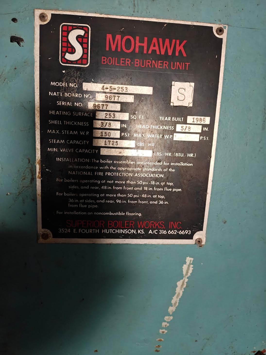 50 HP Superior Mohawk #4-5-253, firetube steam boiler, 150 psi, 1725 lbs/hr - Image 4