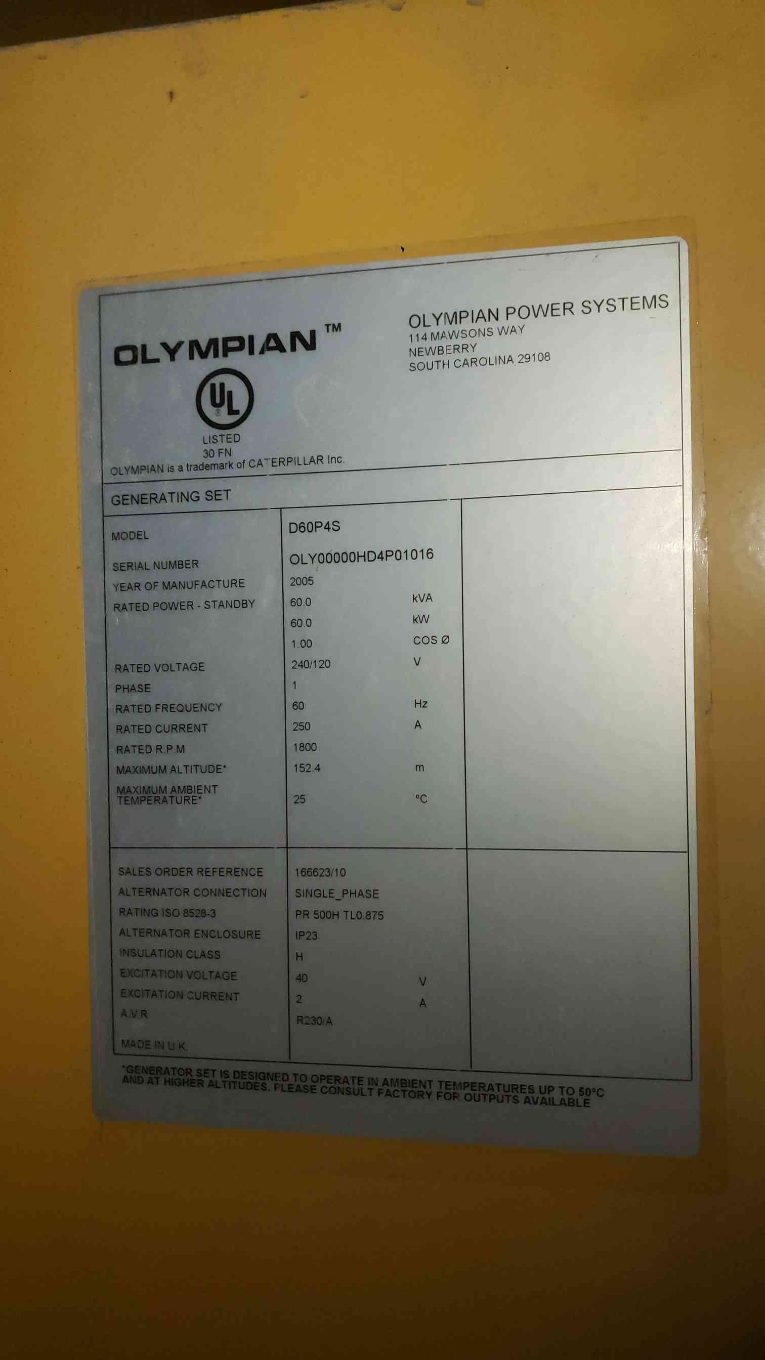60 KW Caterpillar Olympian #D60P4S, diesel generator, enclosed, single phase, 120/240 Volts, 532 hours - Image 9