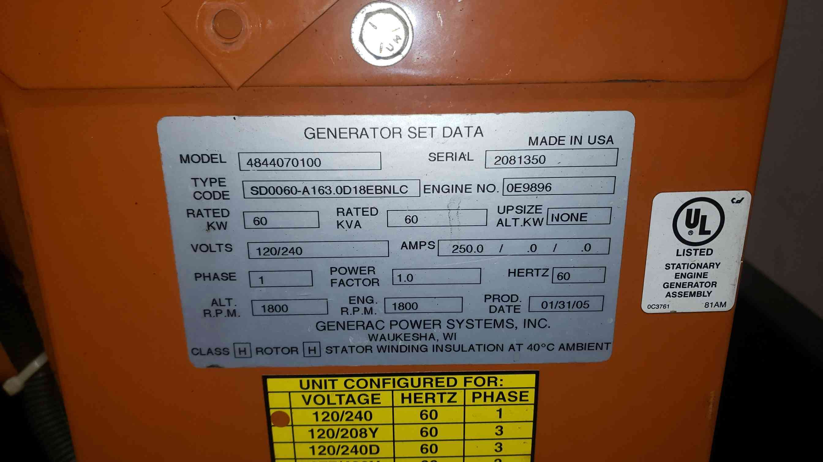 60 KW Generac, diesel generator, John Deere 5030 engine, 1 phase, 669 hours - Image 3