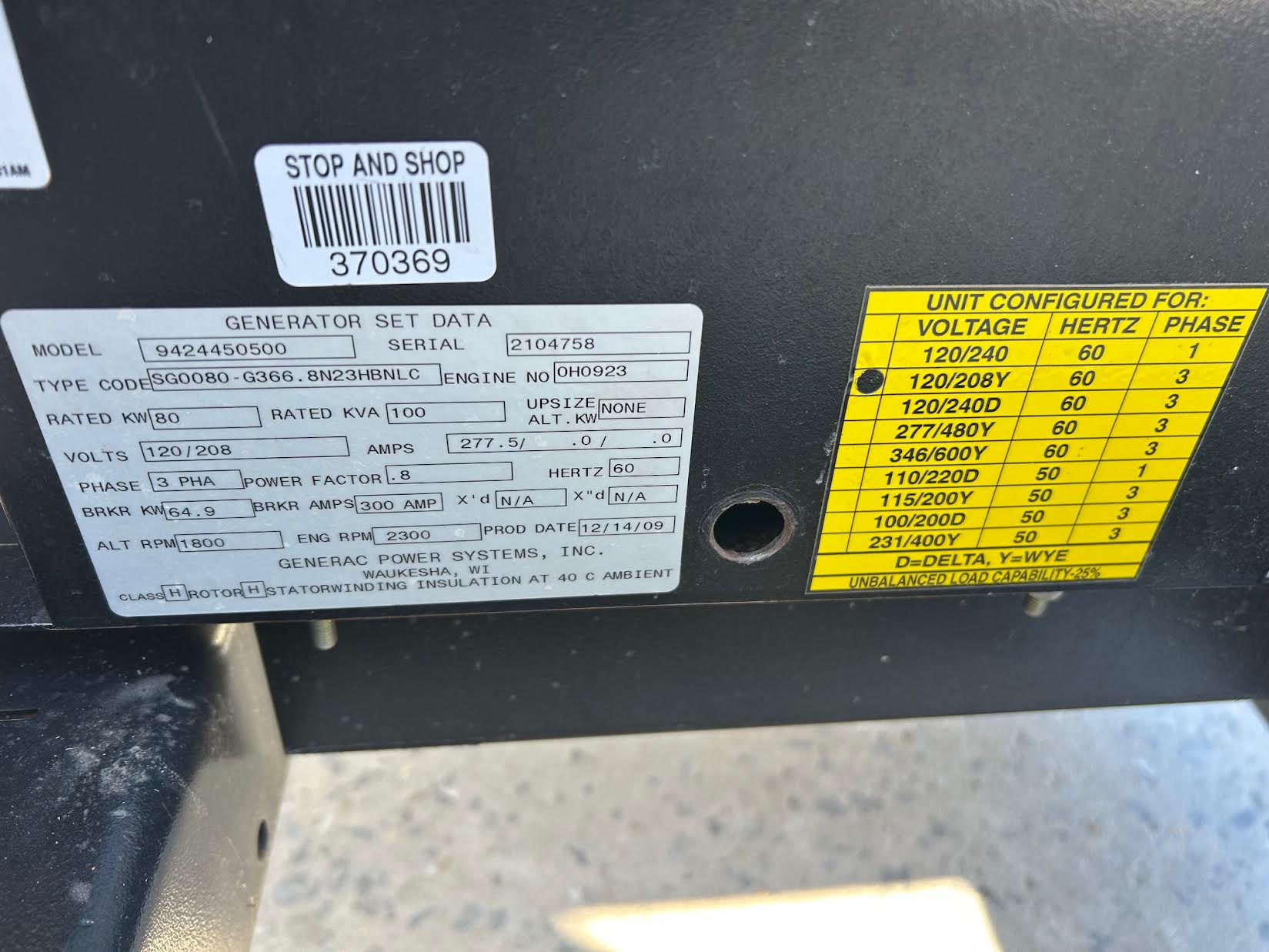 80 KW Generac, natural gas/LP generator, enclosed, 3 phase, 398 hours - Image 9