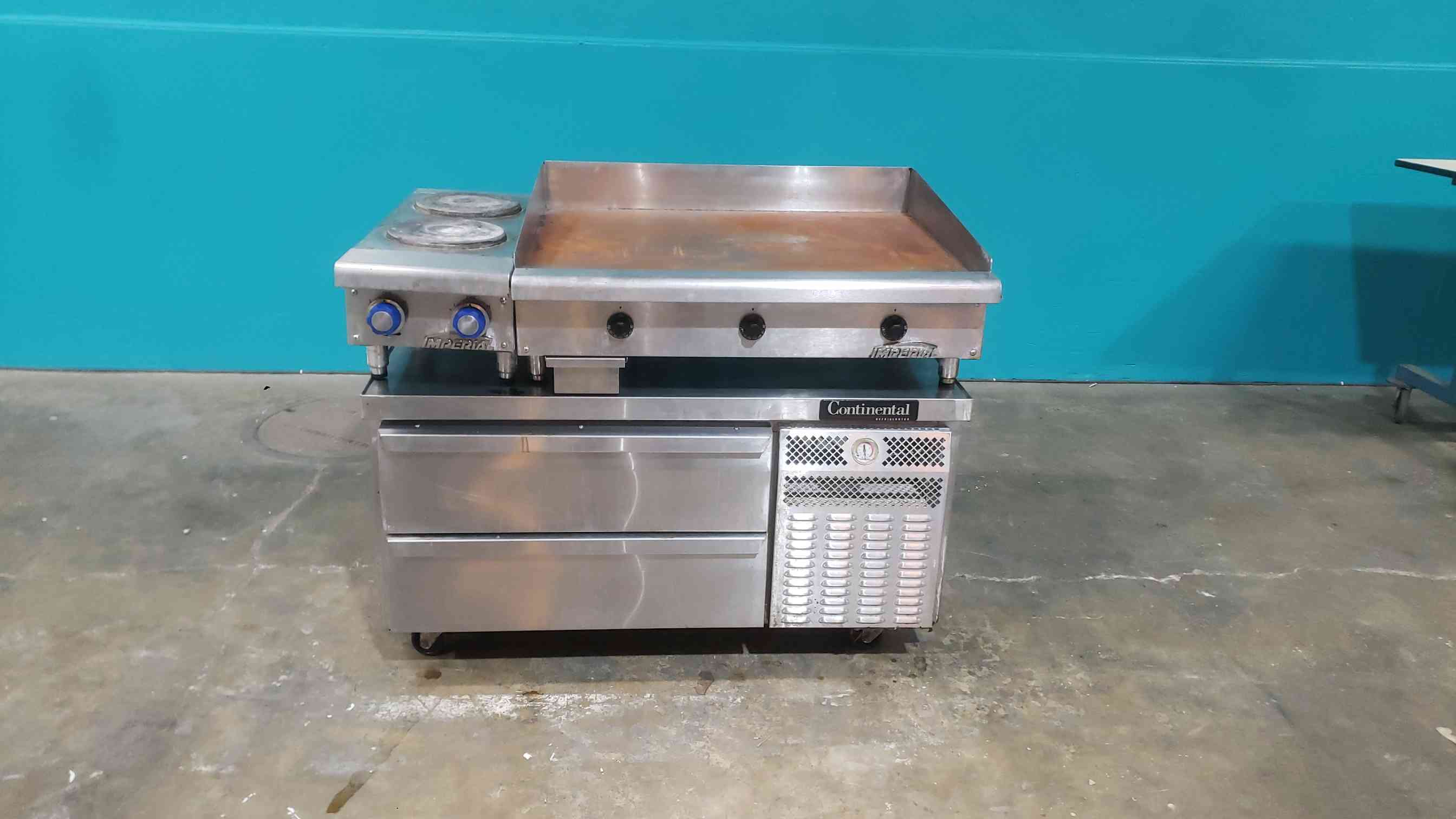 Imperial, 36" electric griddle w/2-burner hot plate, Continental #LB, 48" refrigerated chef base, 2-drawer - Image 1
