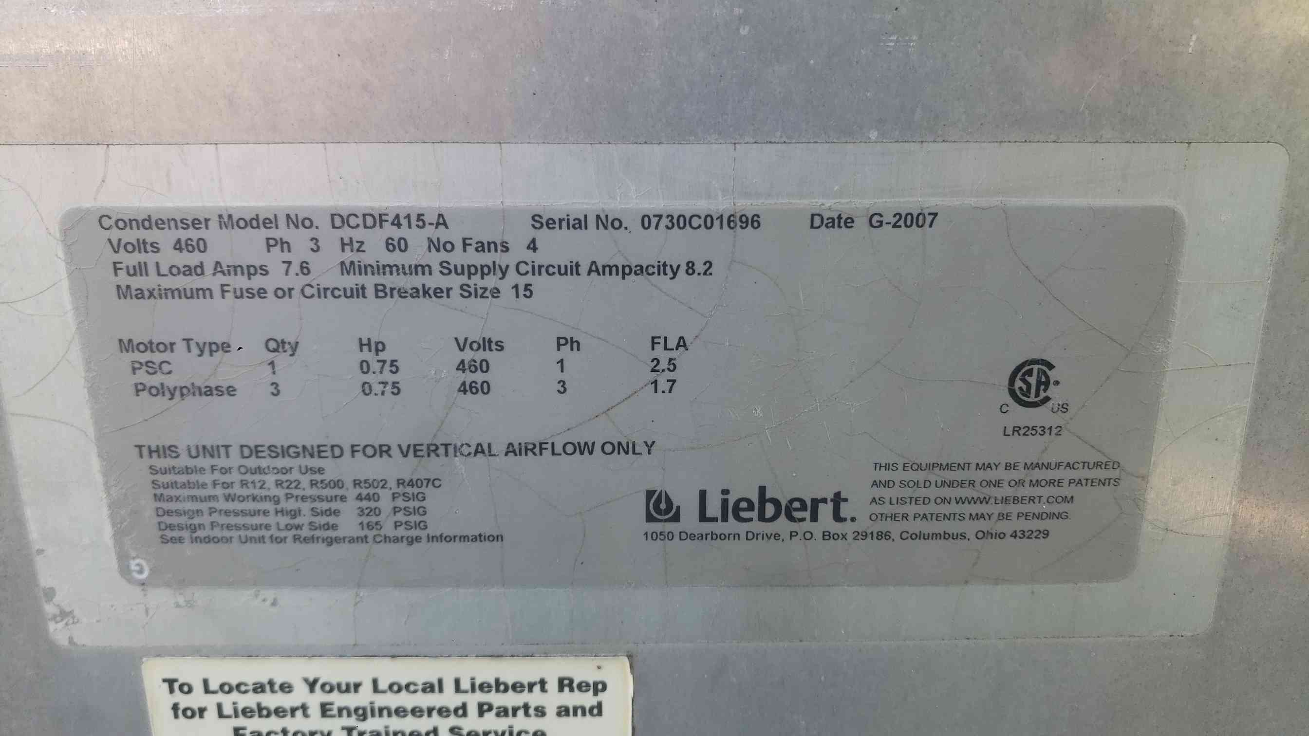 Liebert #DCDF415-A, air cooled condenser, 4 fans, 460 V., 3 phase (4 available) - Image 2