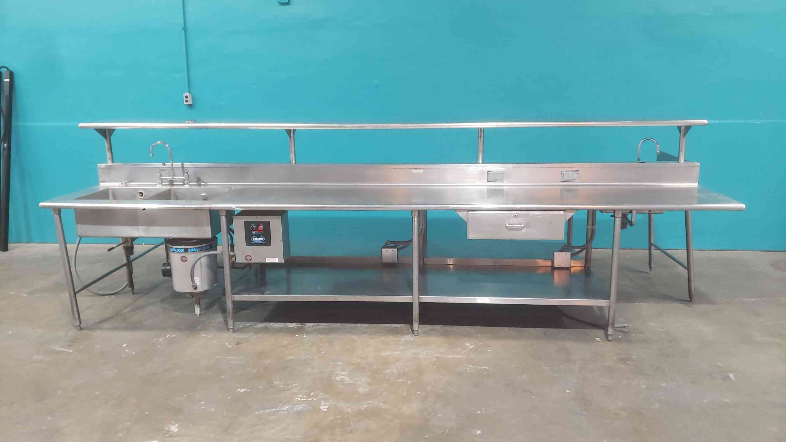 Salvajor, commercial food waste disposer, ARSS-2 auto-reversing control, 12' stainless steel prep table sink - Image 1