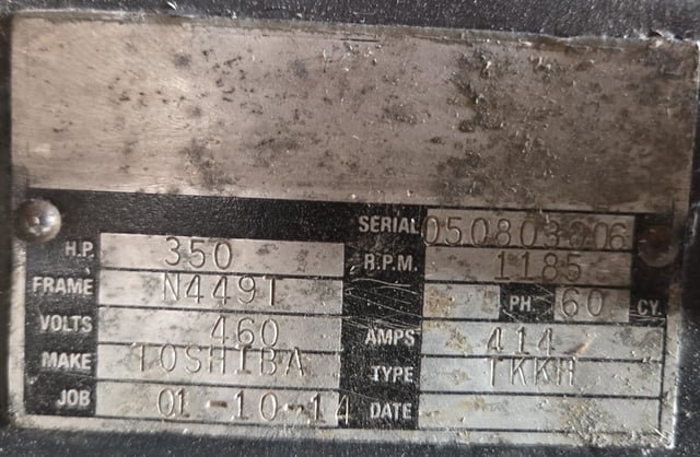 350 HP 1200 RPM Toshiba, Frame 449T, TEFC BB, 460 Volts - Image 3