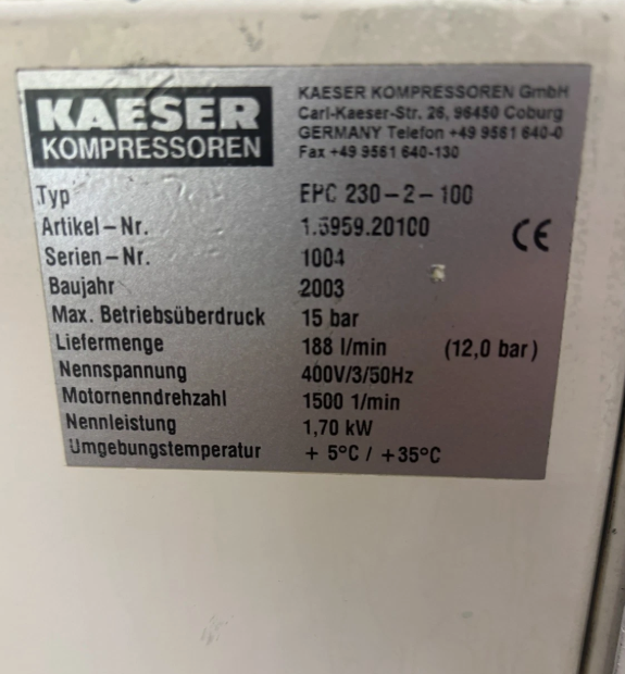 Kaeser #EPC-230-2-100 Silent air compressor, 1.7 KW 15 bar industrial compressor, 2003 - Image 5