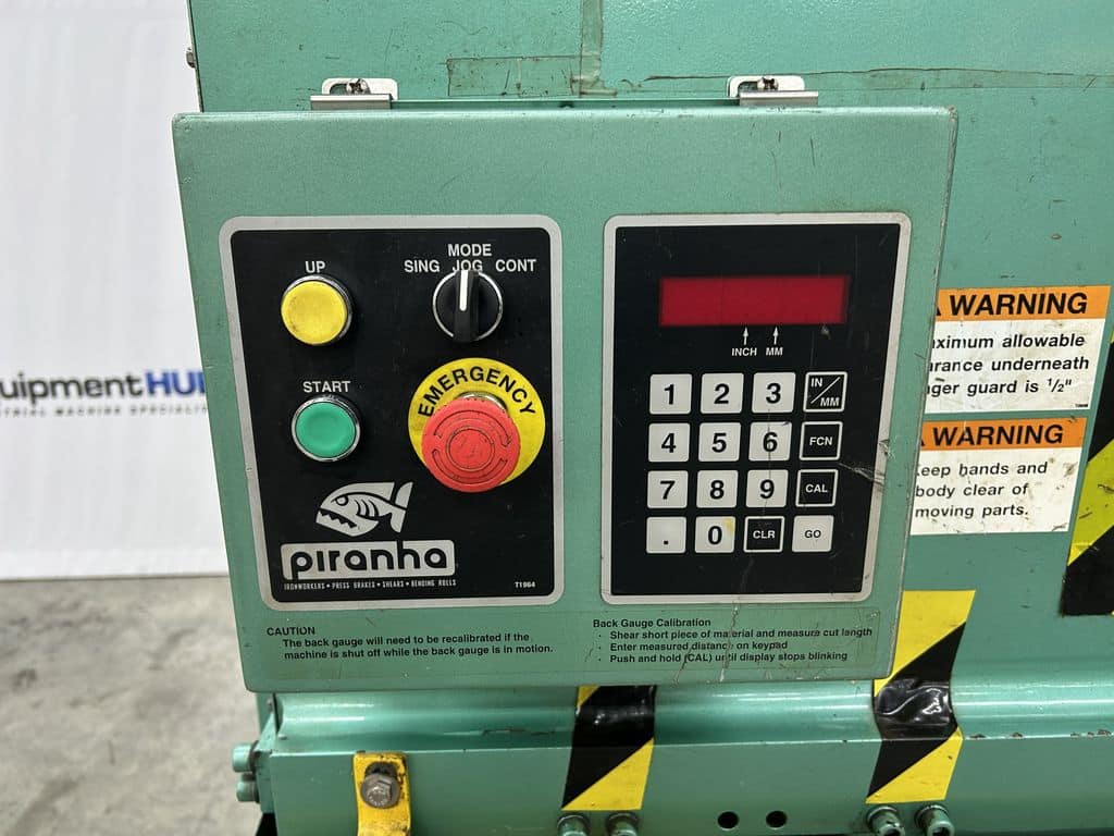 1/4" x 10' Piranha #M1/4-10, hydraulic shear, 39" front operated back gauge, 10 hold downs, (2) front arm - Image 7