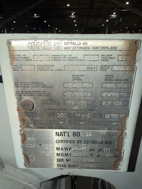 2.9 gallon Estrella AG #34129, glass lined pressure reactor/autoclave, 1991 - Image 8
