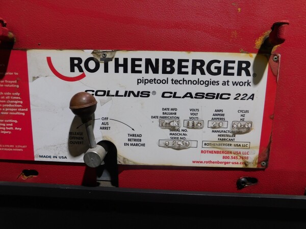 1/2" -2" Rothenberger #22A, Pipe Threading Machine, Snap-O-Matic Die Heads - Image 3