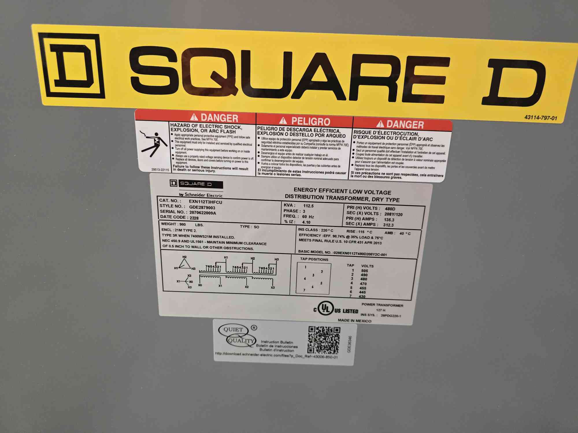 112.5 KVA 480 Primary, 208Y/120 Secondary, Square D, dry type, 3 phase, new - Image 4