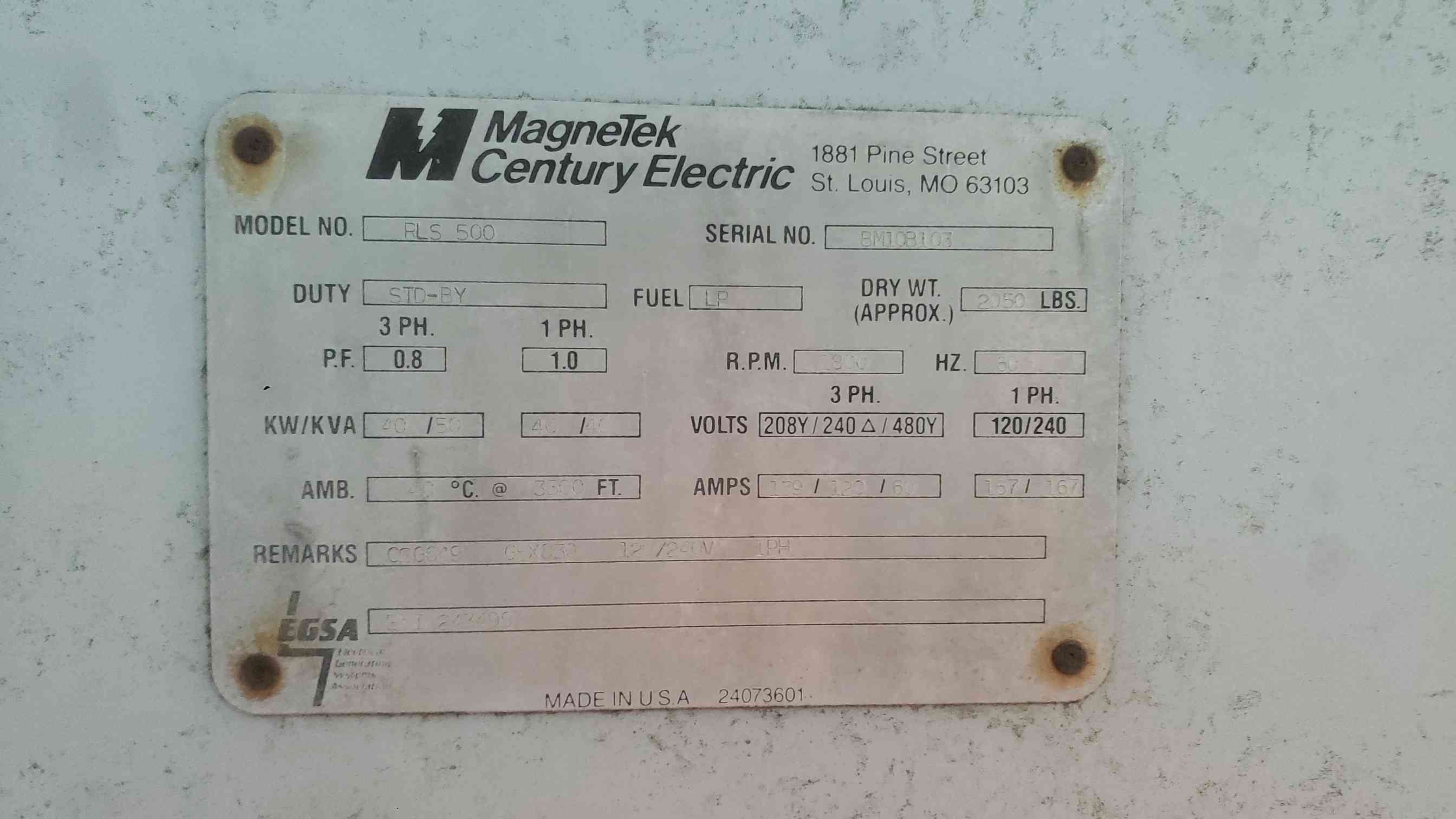 40 KW Magnetek #RLS-500, natural gas/propane generator set, 120/240 Volts, 1161.6 hours, AS IS - Image 4