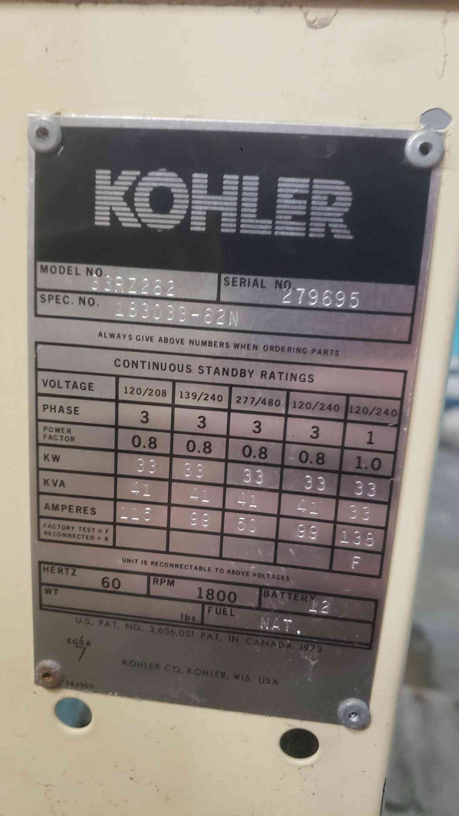 33 KW Kohler #33RZ262, natural gas/propane generator set, 120/240 Volts, 1420.7 hours, AS IS - Image 2