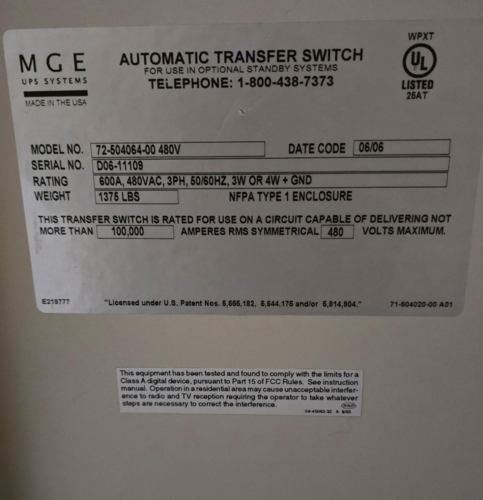 600 Amp. MGE #72-504064-00, static transfer switch, 3 phase, 480 Volts (2 available) - Image 2