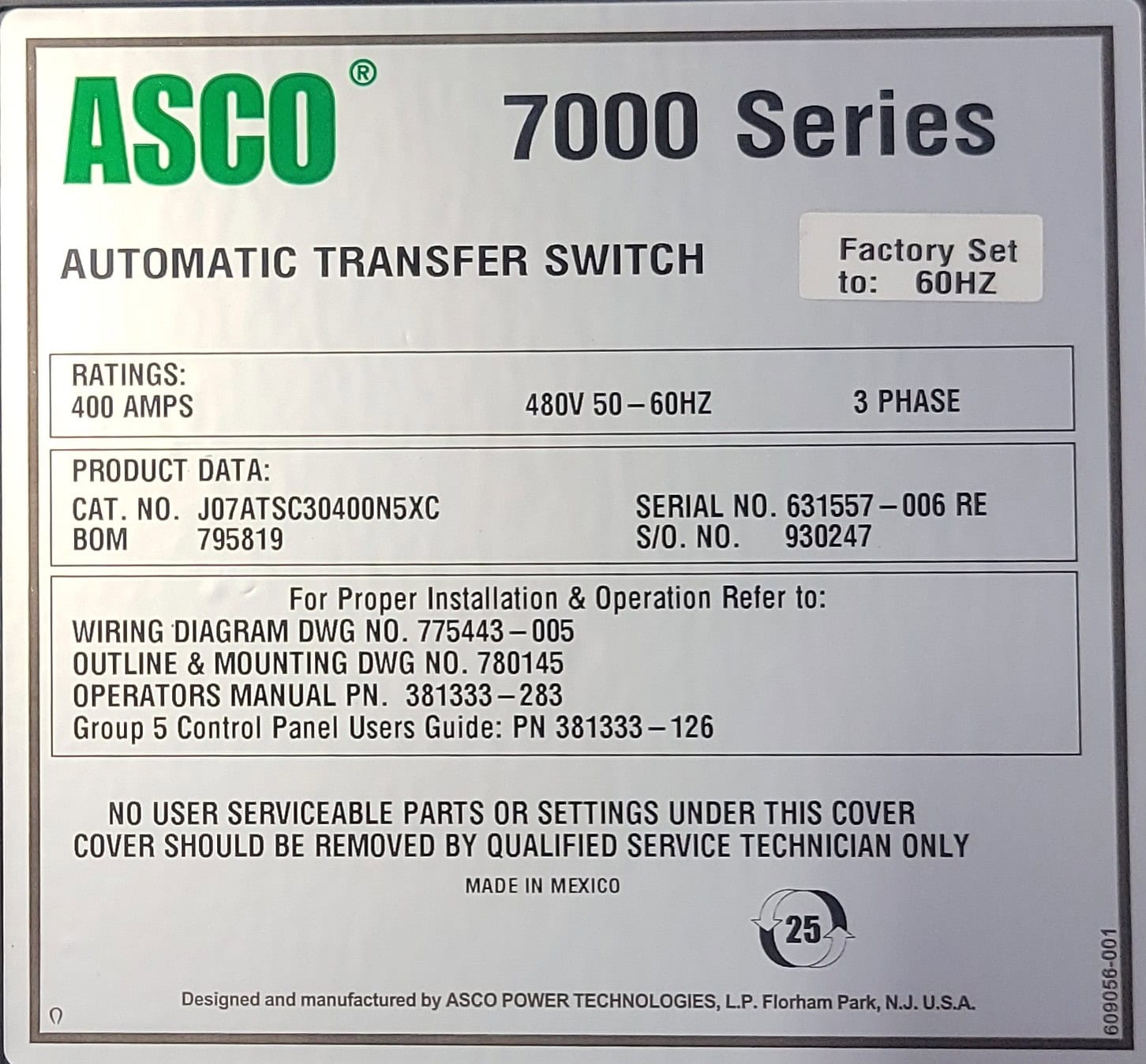 400 Amp. ASCO #J07ATSC30400N5XC, Automatic Transfer Switch, 4-pole, NEMA 1 enclosure, 480 Volt, 3PH - Image 2