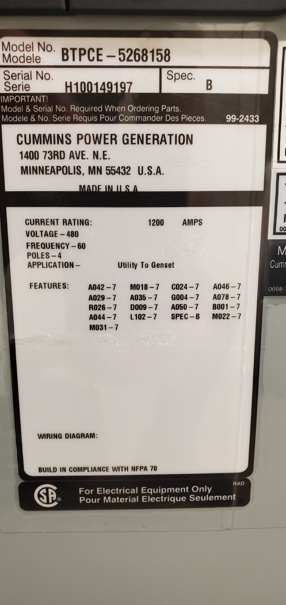 1200 Amp. Cummins Power Generation, BTPCE-5268158, automatic transfer switch, 480 Volts, 3-Phase - Image 1