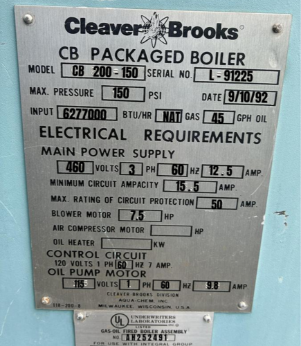 150 HP Cleaver-Brooks #CB-200-250, steam boiler, 750 sq.ft., 1992 - Image 3