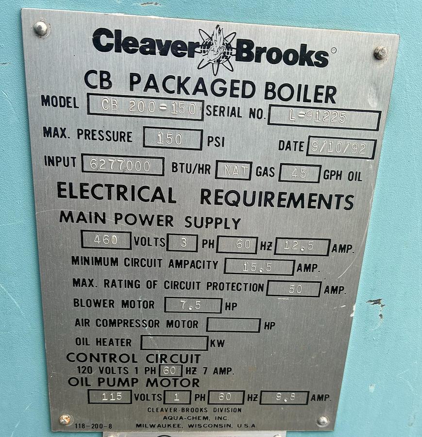 150 HP Cleaver-Brooks #CB-200-250, steam boiler, 750 sq.ft., 1992 - Image 4