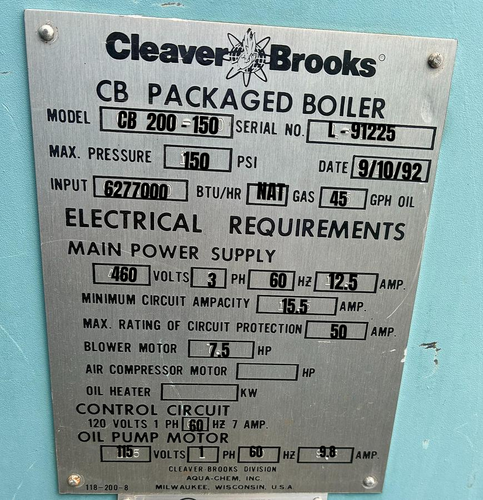 150 HP Cleaver-Brooks #CB-200-250, steam boiler, 750 sq.ft., 1992 - Image 5