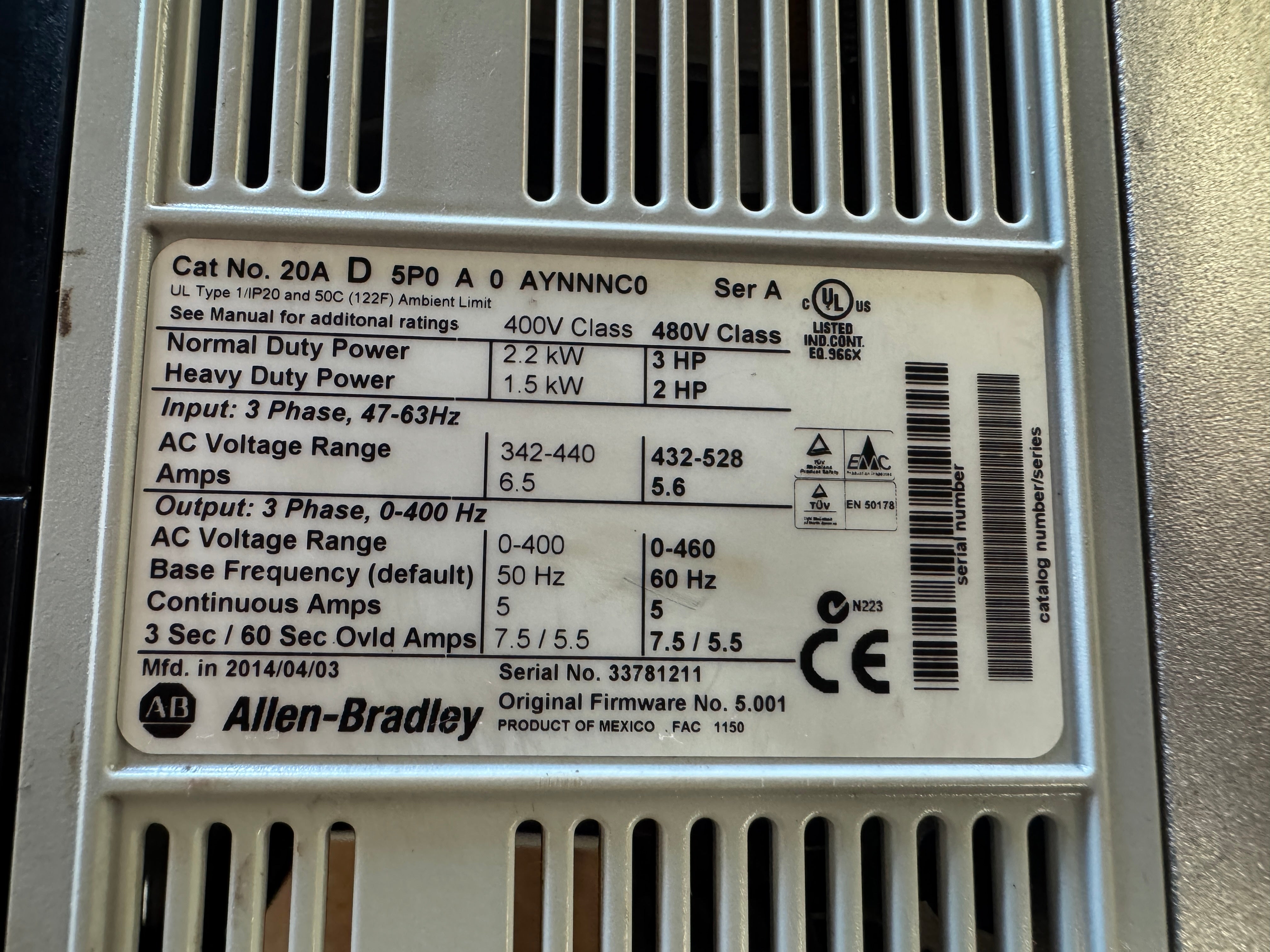 Allen-Bradley 20AD5P0A0AYNNNC0 Variable Frequency Drive 480V AC 3-Phase Untested Surplus 01428 - Image 7