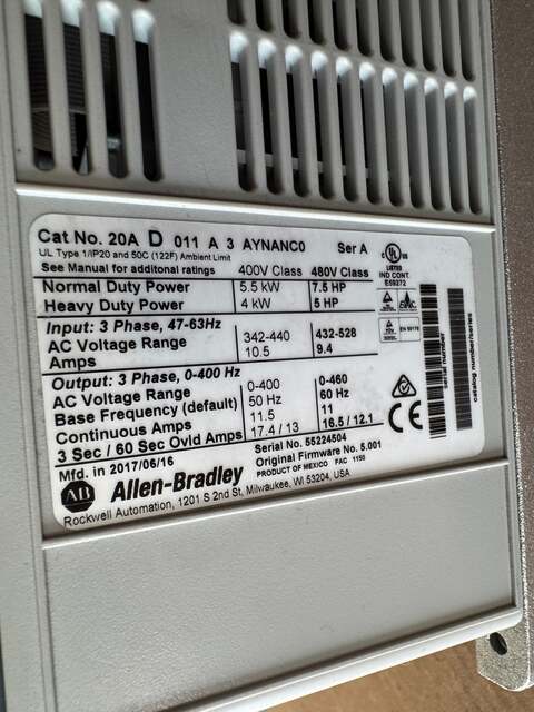 Allen-Bradley 20AD011A3AYNANC0 Variable Frequency Drive 480V AC 3-Phase Untested Surplus - Image 6