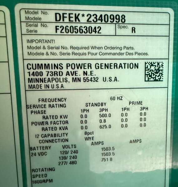 500 KW Cummins #DFEK, diesel generator set, 755 HP @ 1800 RPM, QSX15-G9 engine, EPA Tier 2, sound attenuated - Image 9