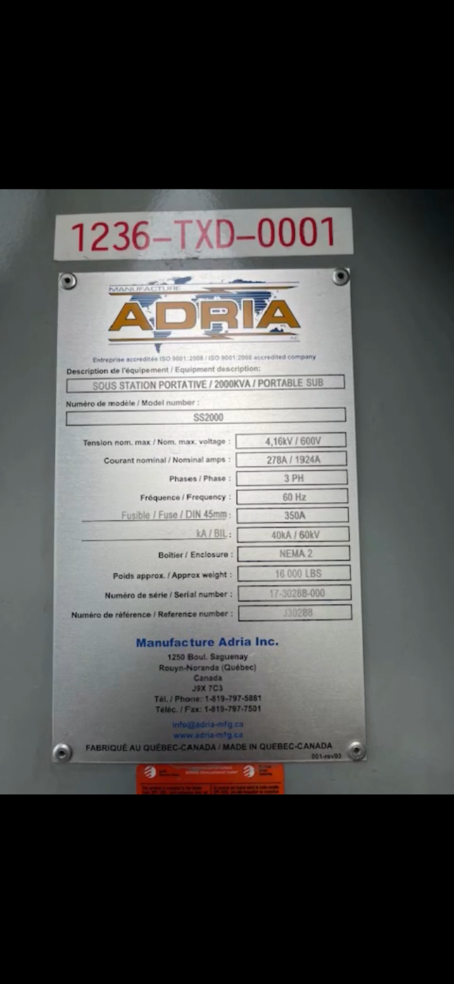 2000 KVA 4160 Primary, 600 Secondary, Adria, portable sub station, SS2000 w/ Delta CR3C2000 transformer, Nema - Image 4