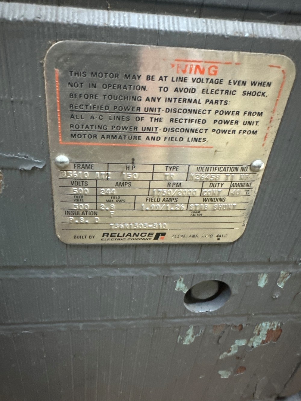 150 HP 1750/2000 RPM Reliance, Frame B3610ATZ, Ball bearing DE, F-2 mounting, enclosure DP-FV, Used Tested - Image 3