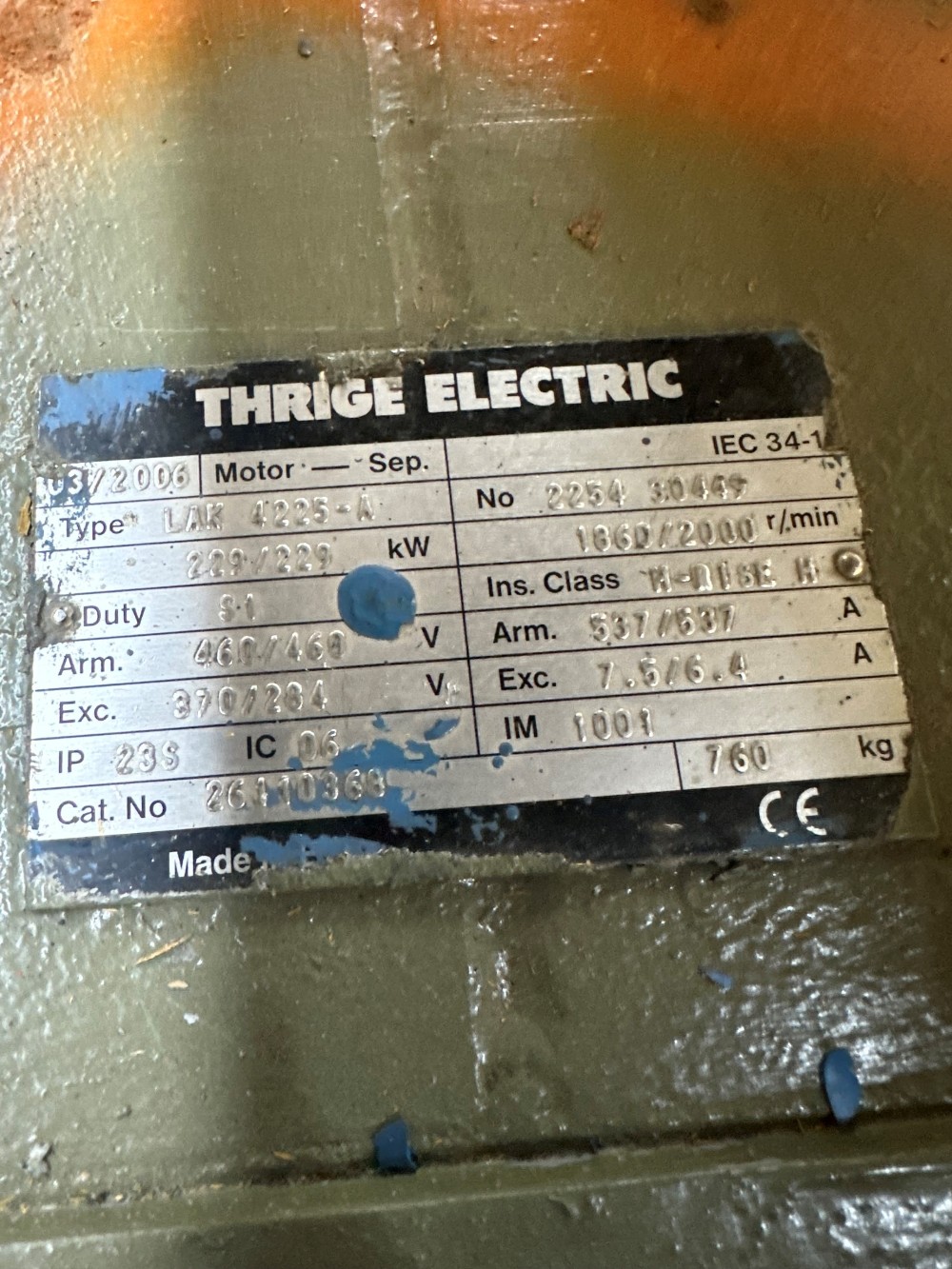 307 HP 1860/2000 RPM Thrige Electric, Frame LAK1225-A, F1 Mounting, Endlcosure DP-FV, with Tachometer - Image 1