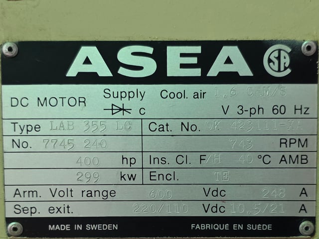 400 HP 720 RPM Abb, Frame 355LC, DPFVBB, 600 VA, 220/110 VF - Image 3