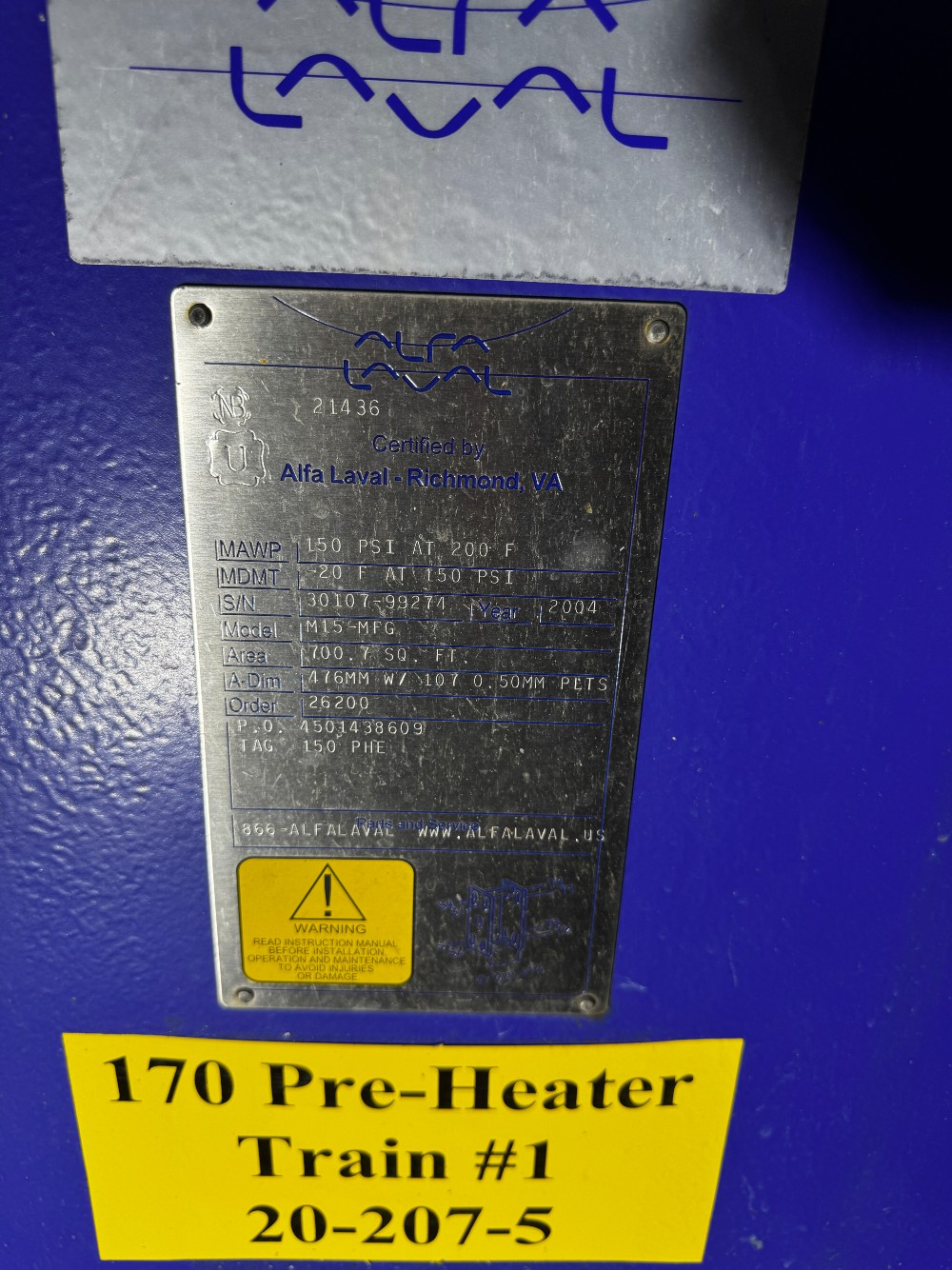 700 sq.ft., Alfa Laval #M15-MFG, gasket plate-and-frame heat exchanger (PHE), Alfa-Laval 150 PSI @ 200&deg;F - Image 6