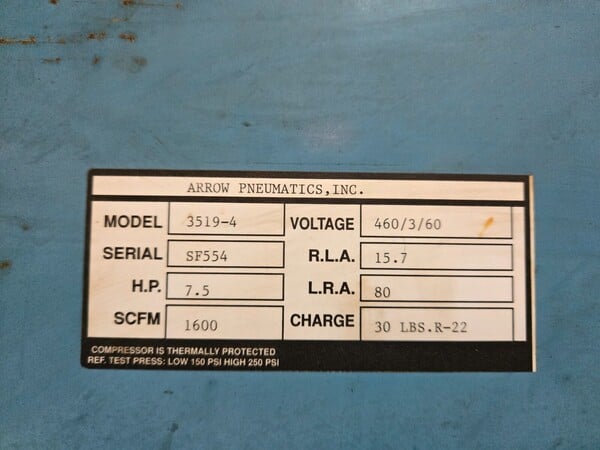 1600 scfm, Arrow Pneumatics #3519-4, refrigerated air dryer, 7.5 HP - Image 4