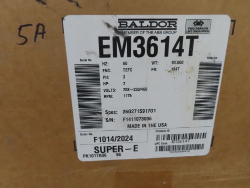 2 HP 1175 RPM Baldor #EM3614T, Electric Motor, Frame 184T, 208-230/460 Volt - Image 1