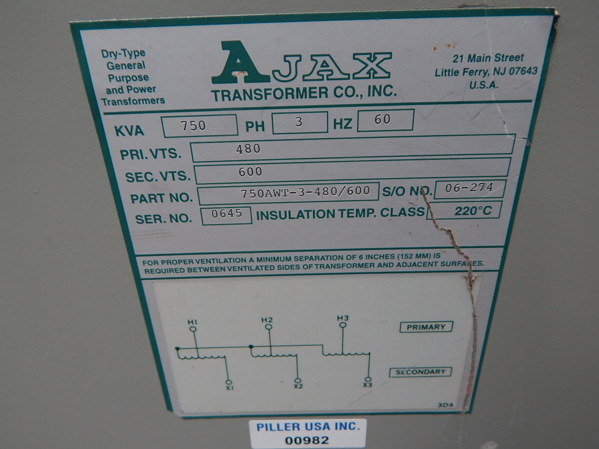 750 KVA 480 Primary, 600 Secondary, Ajax Transformer 750AWT-3-480/600, Autotransformer, 3PH, 60 Hz - Image 4