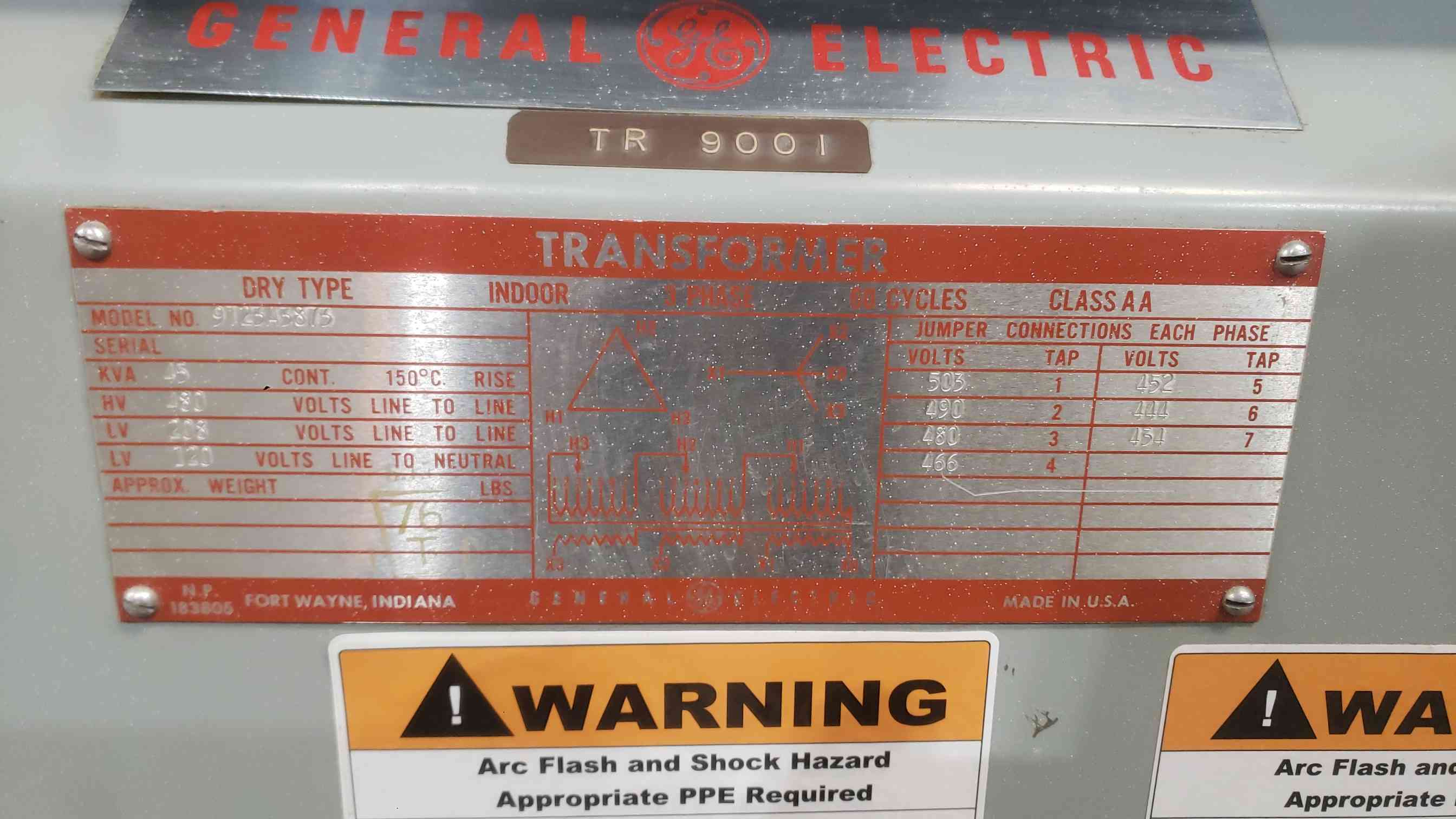 45 KVA 480 Primary, 208Y/120 Secondary, General Electric 9T23B3873, Dry Type Transformer, 3PH - Image 2