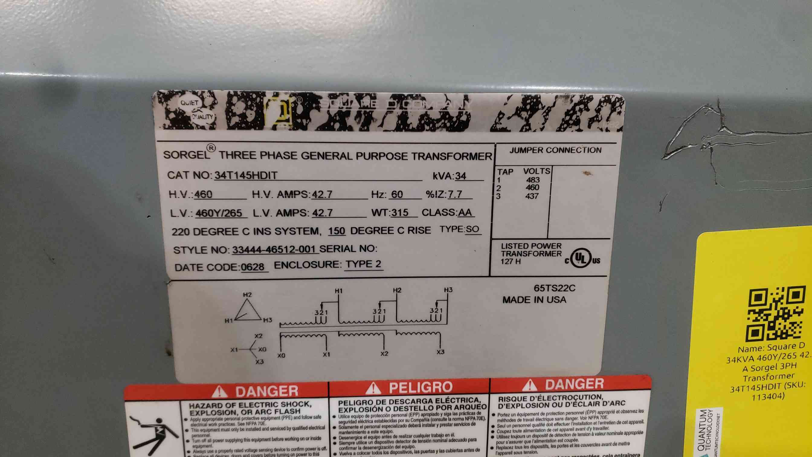 34 KVA 460 Primary, 460Y/265 Secondary, Square D 34T145HDIT, Drive Isolation Transformer, 3PH - Image 7