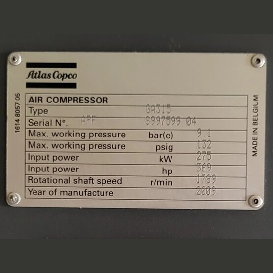 2013 cfm, 132 psig, Atlas Copco #GA315, Rotary Screw Air Compressor, 350 HP Siemens motor, 4160 Volt, 3PH, (2 - Image 9