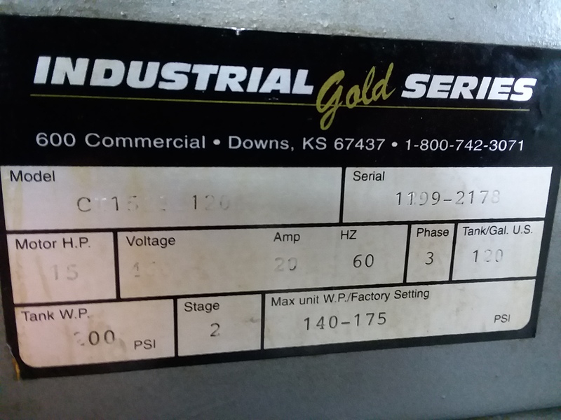 15 HP Industrial Gold Series #CI1523-120, Air Compressor, 200 psi, 3 phase, 120 gallon, 2 stage - Image 6