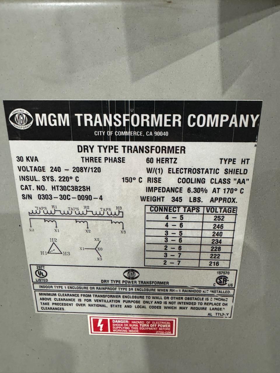 30 KVA 240 Primary, 208Y/120 Secondary MGM, dry type transformer - Image 4