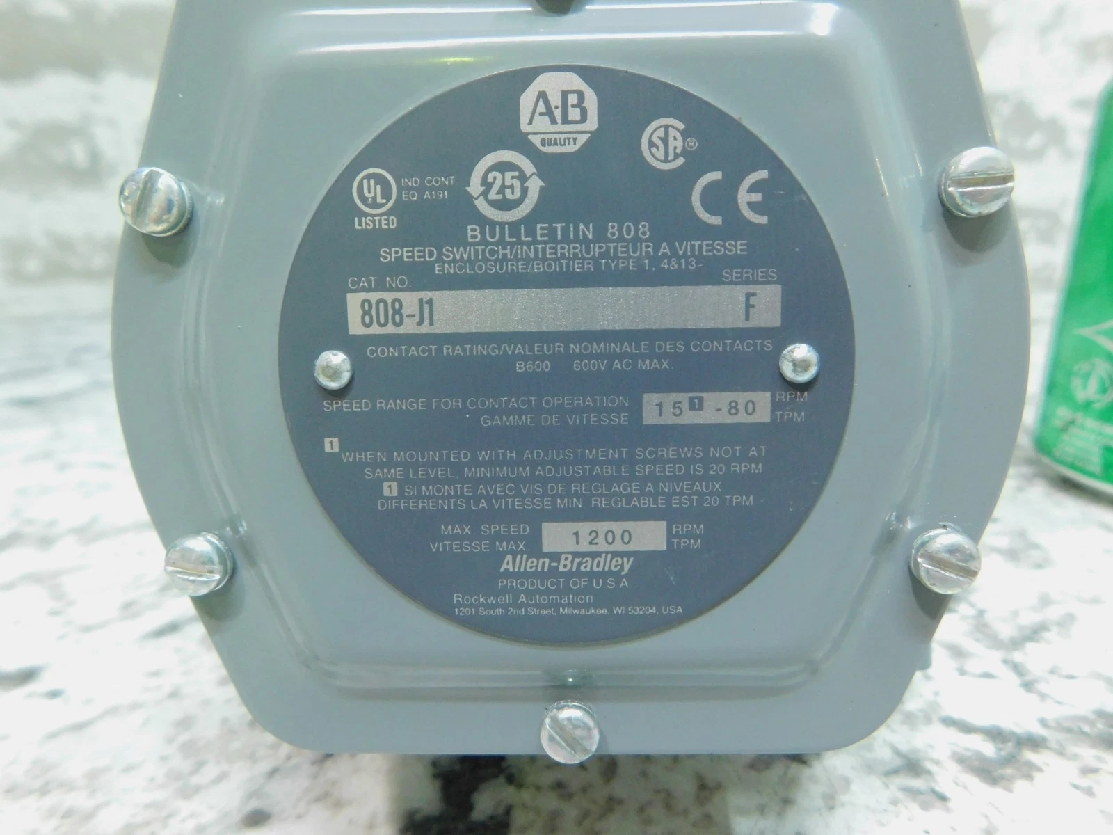 Allen-Bradley #808-J1, Speed Switch, Series F, 15-80 RPM, 1200 RPM Max, Unused - Image 2