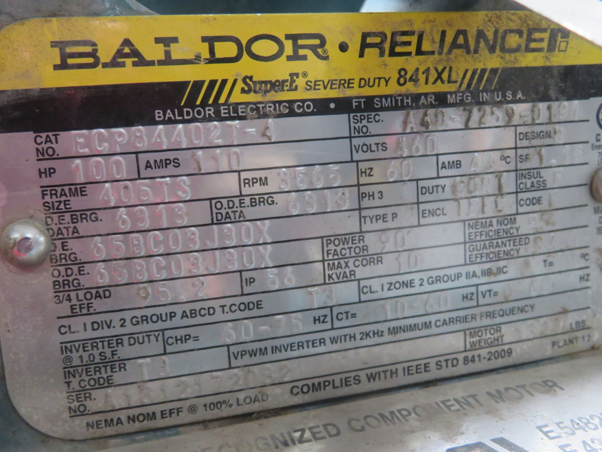 100 HP 3565 RPM Baldor #ECP84402T-4, Frame 405TS, 460 Volts, TEFC - Image 7