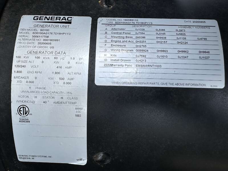 100 KW Generac #SD100, diesel generator set, 120/240 Volts, 1-phase, 152 HP @ 1800 RPM, Iveco/FPT FGE9685A - Image 10