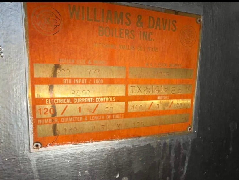 200 HP Williams & Davis #200-777-Tejas, steam boiler set, 150 psi, Gordon Piatt Natural gas burner - Image 9